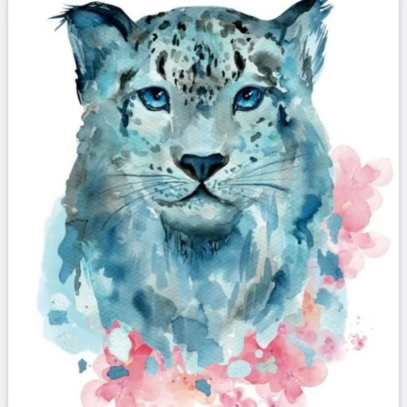Blue Pink watercolor Snow Leopard portrait wall art home decor. - Picture 4 of 4